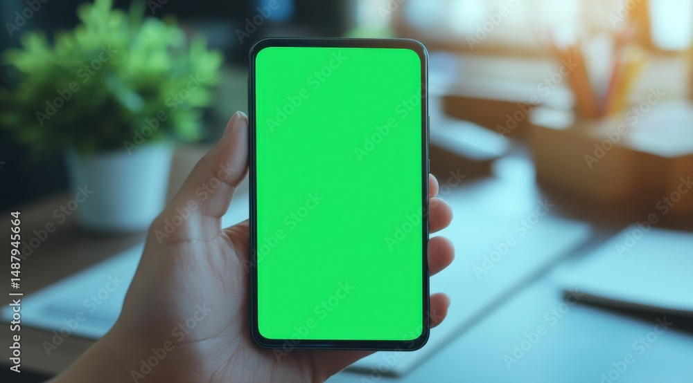 Poster person holding smartphone with vibrant green screen, showcasing app interface or website design poss