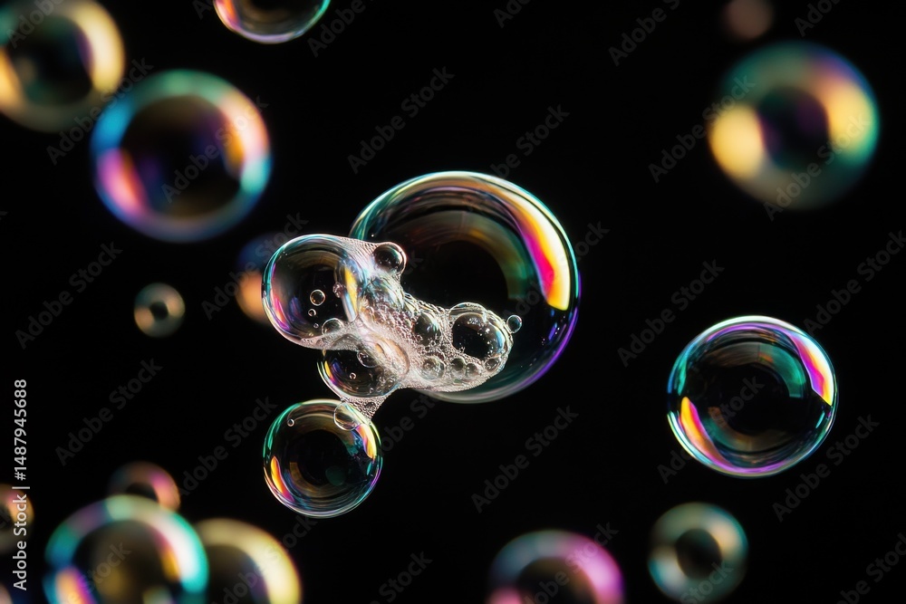 Poster close-up shot of iridescent soap bubbles floating against a black background, showcasing their refle