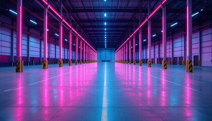 Sprawling High Bay Warehouse with Loading Docks and Neon Accents