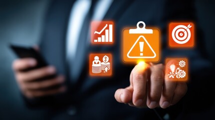 Businessman interacts with digital interface showing key performance indicators, risk management, and strategic planning icons. : Generative AI