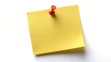 Yellow sticky note with a red pin on it, office supply