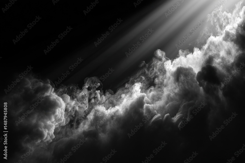 Poster Dramatic grayscale cloudscape illuminated by a celestial light beam, creating a moody and atmospheric scene perfect for fantasy or science fiction projects. : Generative AI