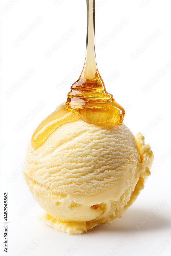 Poster a scoop of creamy vanilla ice cream with a drizzle of golden honey being poured over it, isolated on
