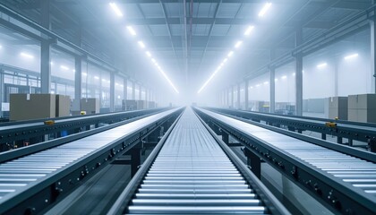 Fototapeta premium Expansive Warehouse Interior with Conveyor Belts in Misty Environment