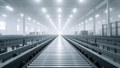 Obraz premium Sprawling Warehouse with Conveyor Belts in a Misty Atmosphere