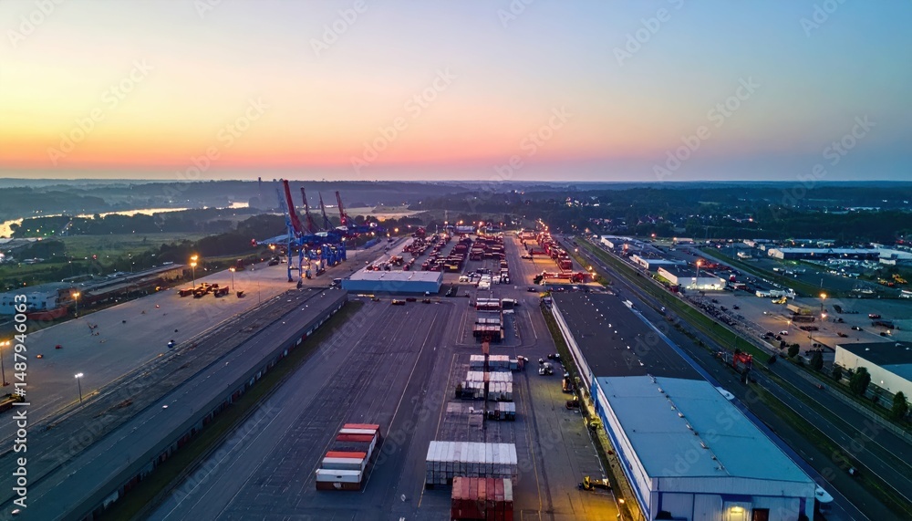 Poster aerial view of sprawling shipping depot with loading docks at dawn