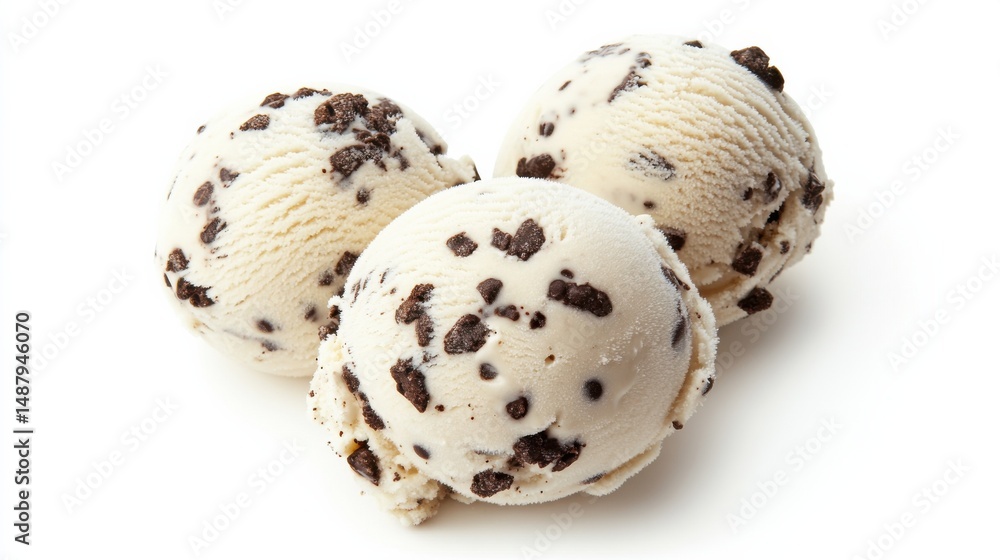 Poster three scoops of creamy vanilla ice cream with chocolate cookie pieces, isolated on a white backgroun