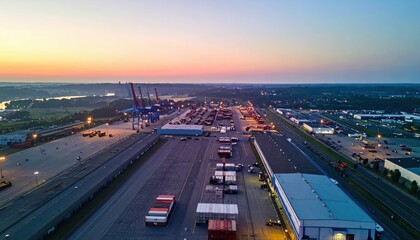 Obraz premium Aerial View of Sprawling Shipping Depot with Loading Docks at Dawn