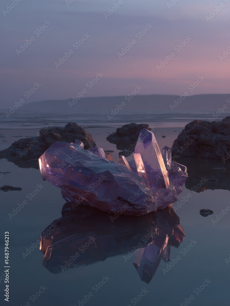 Aufkleber amethyst geode cluster reflecting in calm coastal waters at sunset, a surreal and dreamlike scene. :