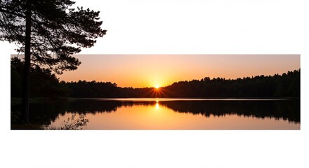 穏やかな湖面に映る夕焼け 静寂な森と美しい光. AI Generated