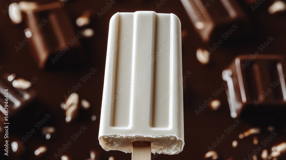 Aufkleber a white chocolate ice pop stands out against a blurred background of dark chocolate pieces and nuts,