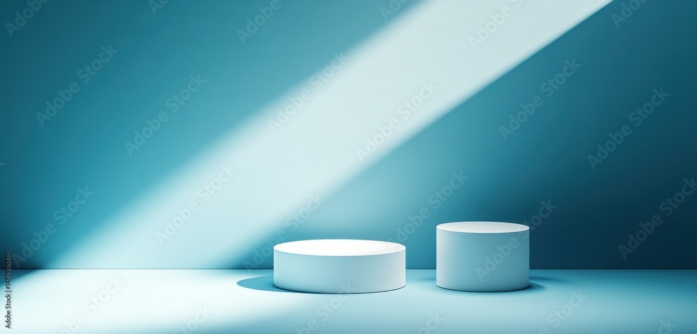 Aufkleber two white cylindrical platforms stand on a light teal floor, bathed in a diagonal shaft of sunlight 