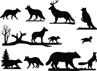 Silhouette of various forest animals including wolves deer and a bear on white