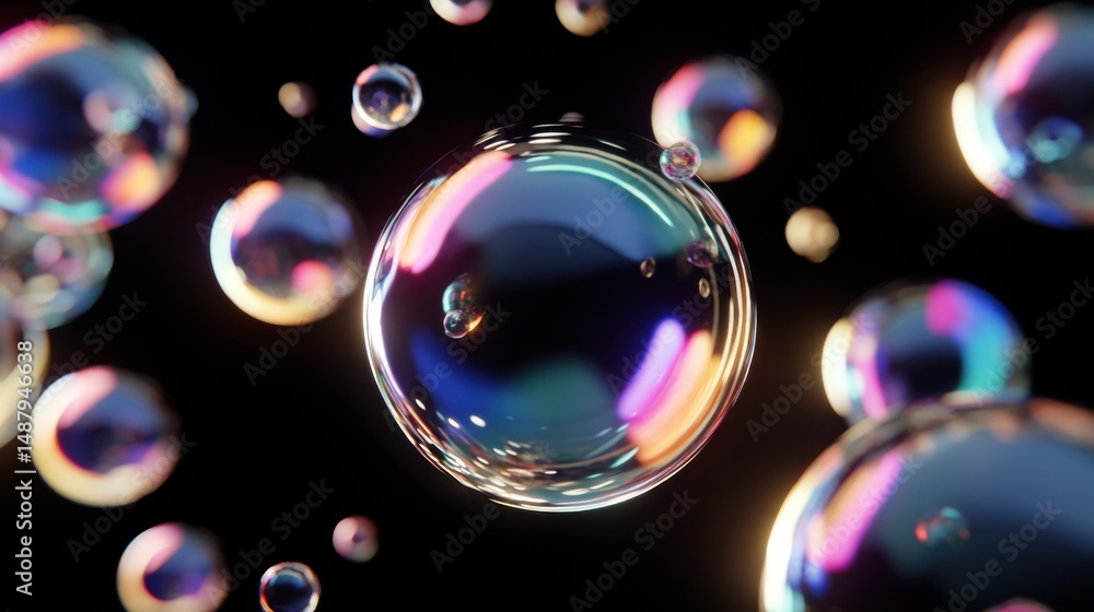Poster Abstract iridescent bubbles floating in dark space, colorful spheres with vibrant reflections and refractions, creating a dreamy and surreal atmosphere. : Generative AI