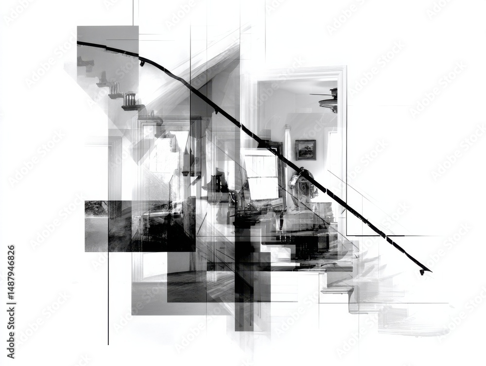 Leinwandbilder abstract grayscale collage depicting a staircase, interior rooms, and fragmented architectural eleme