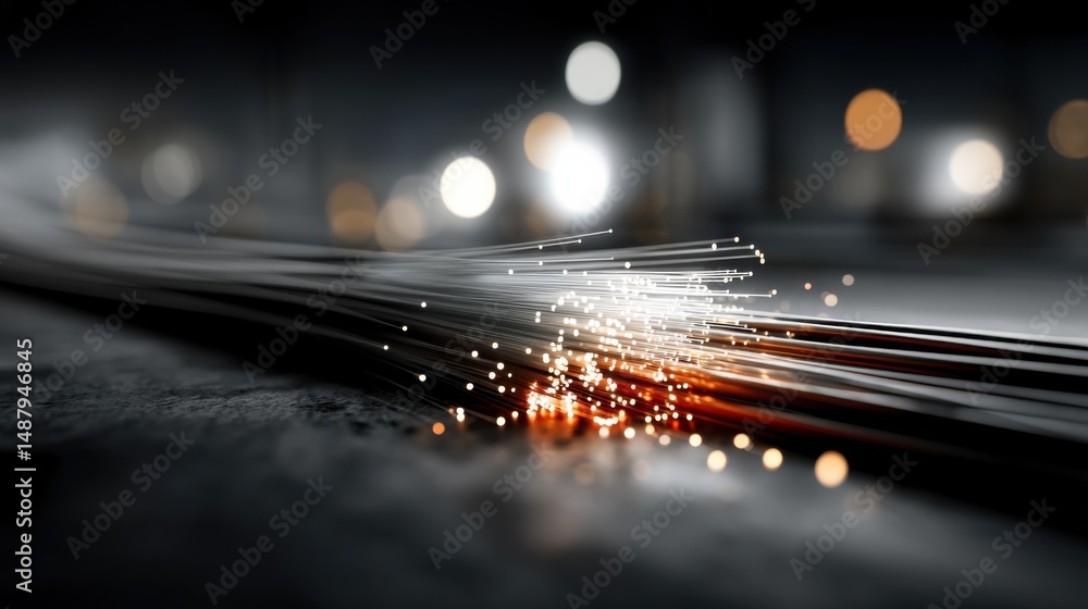 Aufkleber close-up view of illuminated fiber optic cables, showcasing their intricate structure and glowing st