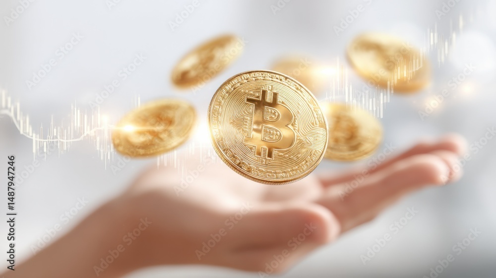 Poster golden bitcoin cryptocurrency coins falling onto open hand, representing digital currency investment