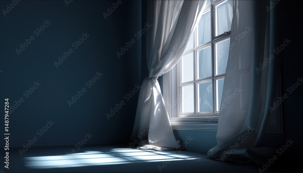 Poster Sunlight streams through sheer white curtains in a dark blue room, illuminating the floor with soft shadows.  The window is a classic design, adding to the serene atmosphere. : Generative AI