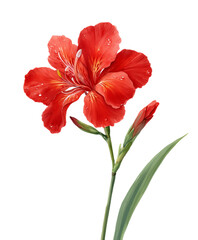 Watercolor Painting Of A Single Red Flower On Transparent Background With Green Stem And Leaf