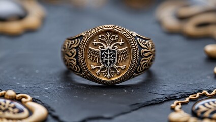 Byzantine Signet Ring, Eagle Motif, Gold and Silver Jewelry
