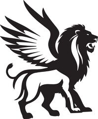 Black and white illustration of a winged lion roaring with detailed feathers art
