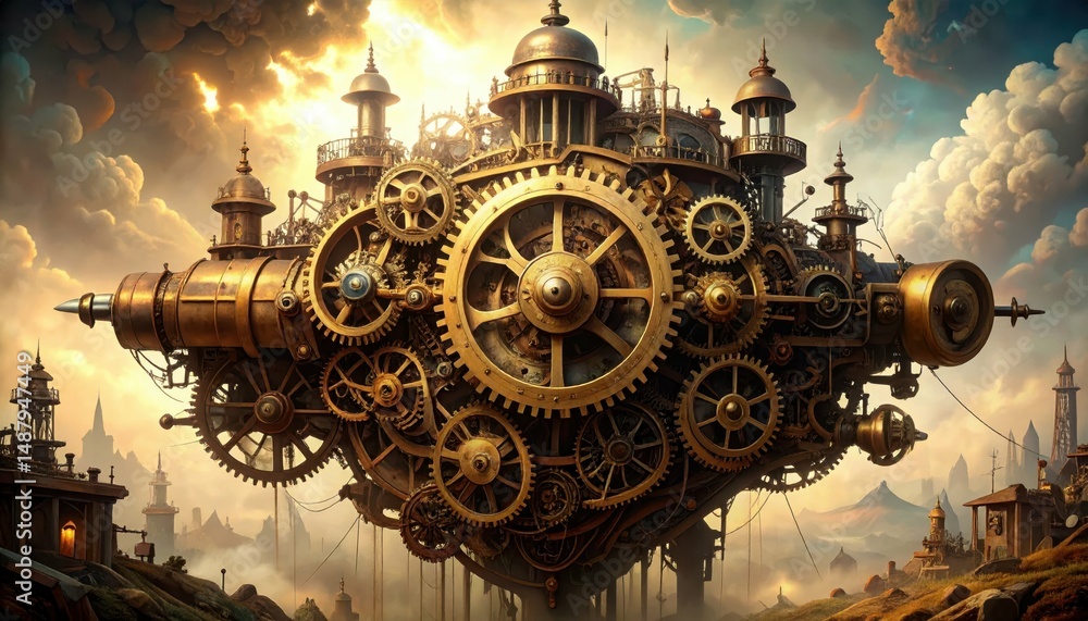 Poster intricate steampunk machine with gears and mechanisms in fantasy setting