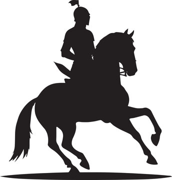 Silhouette of a warrior with helmet riding a horse with a sword on its back side