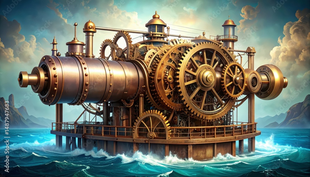 Poster Intricate Steampunk Machine for Flood Control with Gears and Mechanisms