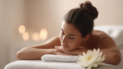 Serene young woman relaxing on a spa bed, enjoying a massage with a white lotus flower nearby, soft lighting and calm atmosphere. : Generative AI