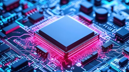 Obraz premium Close-up of a central processing unit on a circuit board, illuminated with vibrant pink and blue light
