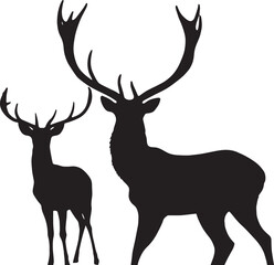 Silhouette illustration of two deer with large antlers standing on white background