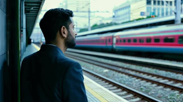 Young bearded man in blue jacket watches as red high-speed train passes by at railway station. He remains motionless while observing the moving train from platform edge.