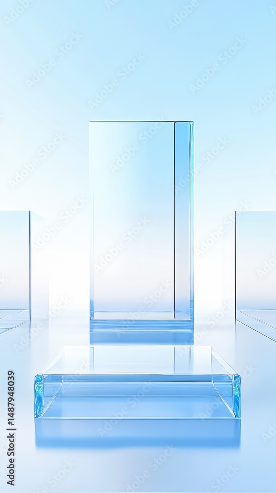 Leinwandbilder abstract minimalist scene with light blue glass cubes and rectangular platforms, perfect for product