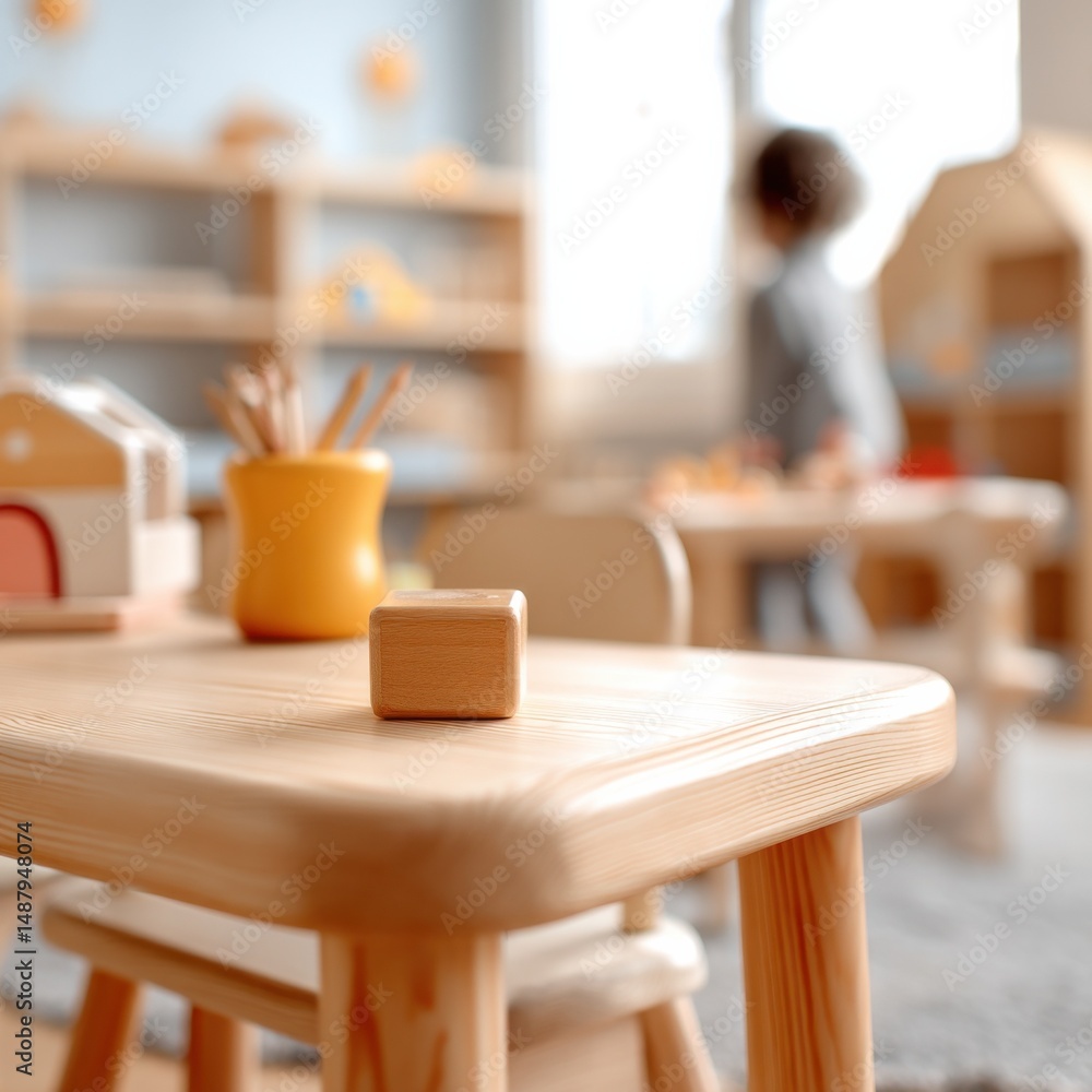 Poster wooden block on a small child's table in a brightly lit playroom, with a blurred background of other