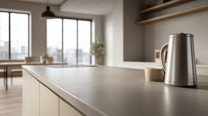 Modern kitchen countertop detail showcasing a sleek metallic kettle and a small wooden cup, bathed in soft natural light from large windows overlooking a city skyline. : Generative AI
