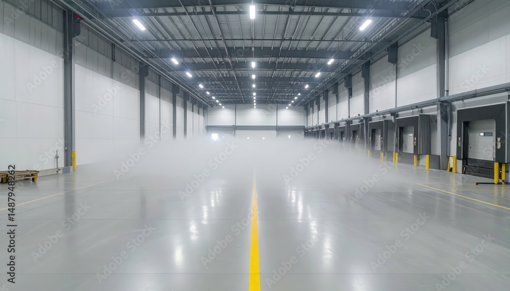 Poster sterile automated warehouse with loading docks and rolling fog