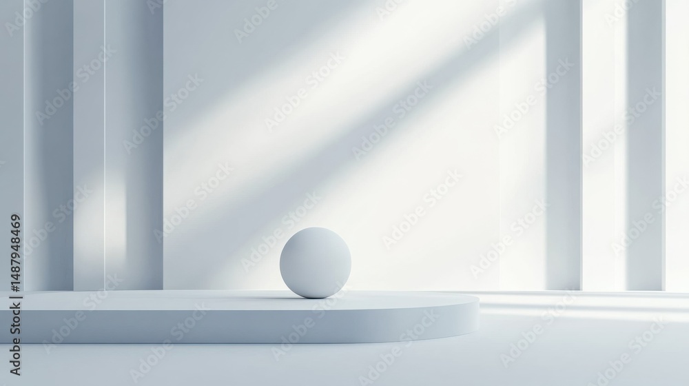 Aufkleber Minimalist 3D render of a light grey sphere on a platform, set against a backdrop of clean white walls and subtle light shadows. : Generative AI