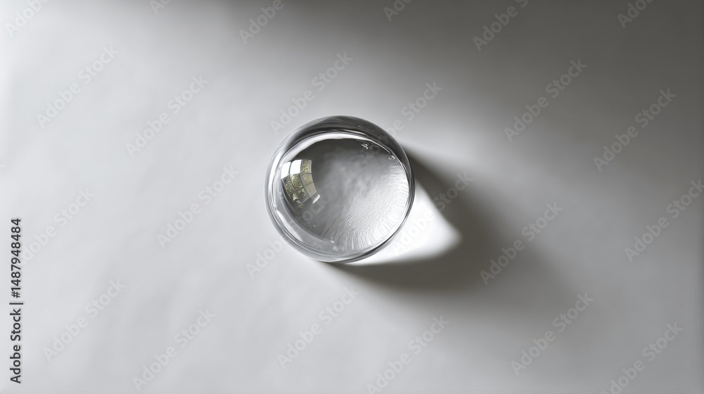 Fototapete A crystal sphere rests on a light gray surface, reflecting a blurred image of a window and plants. The sphere casts a subtle shadow, adding depth to the minimalist composition. : Generative AI