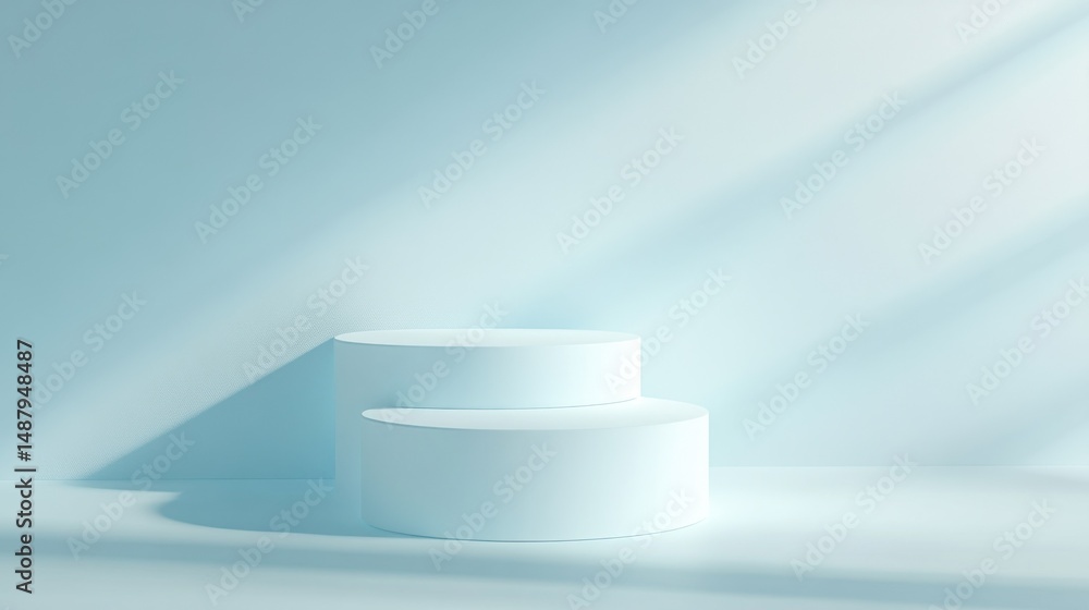 Leinwandbilder two light blue cylindrical platforms stand on a pale blue floor against a wall, bathed in soft sunli