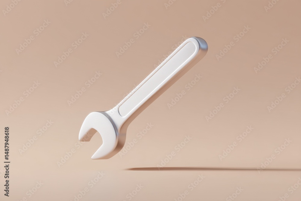 Aufkleber a metallic silver wrench, angled diagonally, floats against a pale beige background, casting a subtl