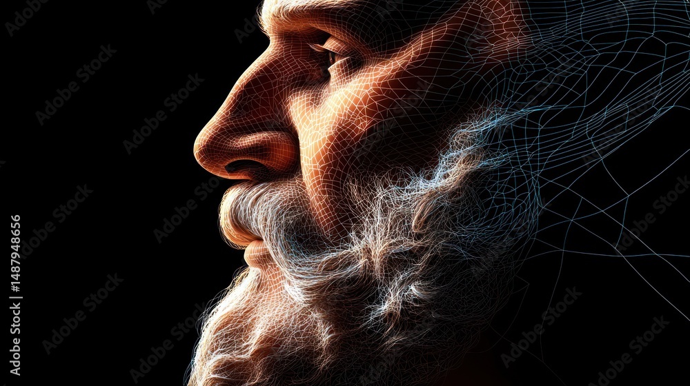 Poster profile view of an elderly man with a textured beard, surrounded by an abstract digital mesh backgro