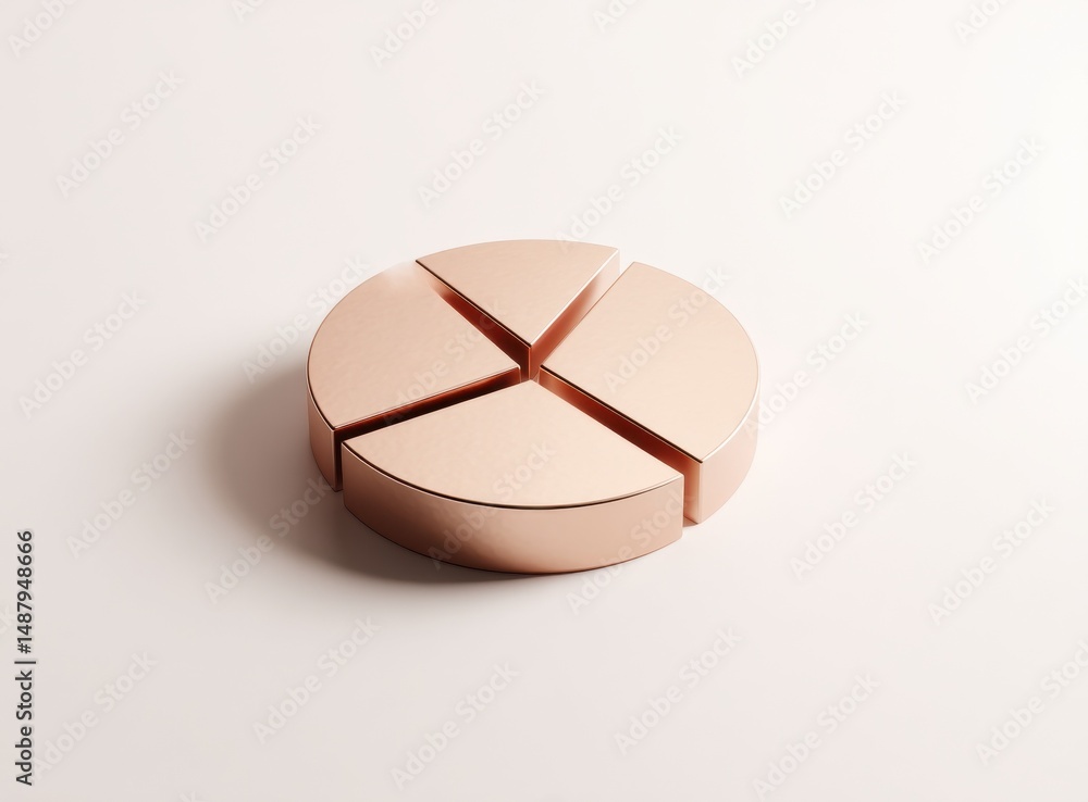 Aufkleber Rose gold pie chart divided into four equal sections, isolated on a white background.  A 3D render of a metallic financial data visualization. : Generative AI