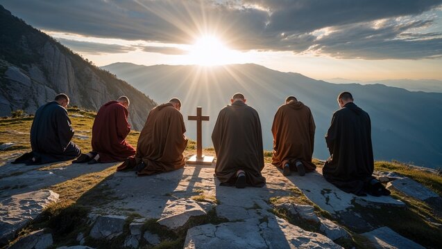 Monks kneeling thoughtfully in prayer before a cross at sunrise in the mountains
