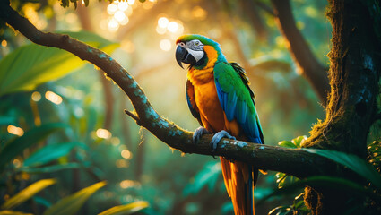 Obraz premium Blue-and-yellow macaw perching on a branch in the rainforest at sunset