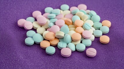 A pile of pastel-colored pills on a purple background.
