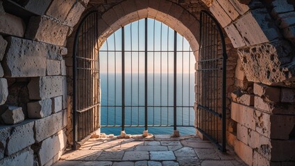 Fototapeta premium Arched Gate in Fortress, historical, looking out to the sea, through stone walls. 