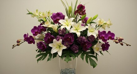 麗しい紫と白の蘭とユリ豪華な花束 穏やかな光の中で輝く. AI Generated