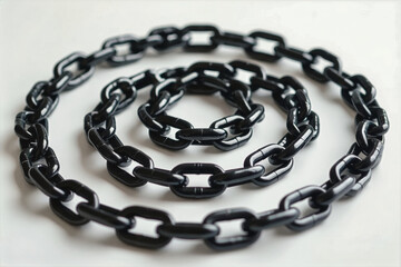 Obraz premium A black metal chain spirals across a white surface, creating an abstract pattern against a stark black backdrop in this studio photograph.