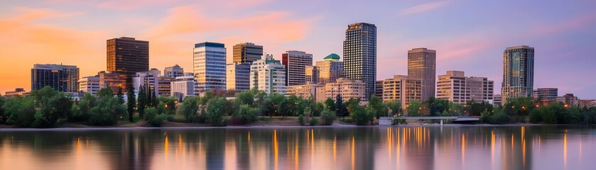 Naklejka premium Panoramic city skyline at sunset over tranquil water.