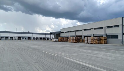 Obraz premium Sterile Warehouse with Stacked Pallets Under Stormy Skies